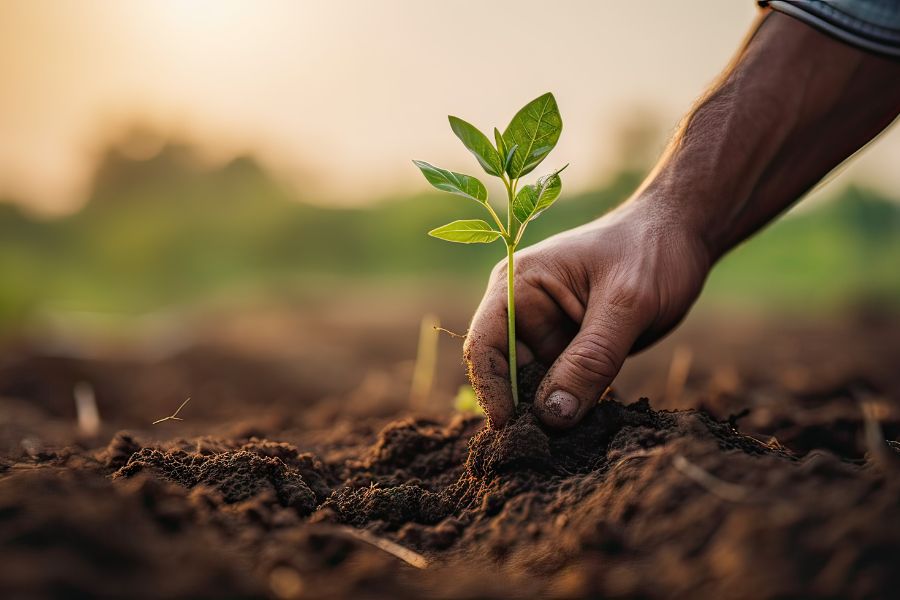 Un hombre plantando un brote verde en la tierra
